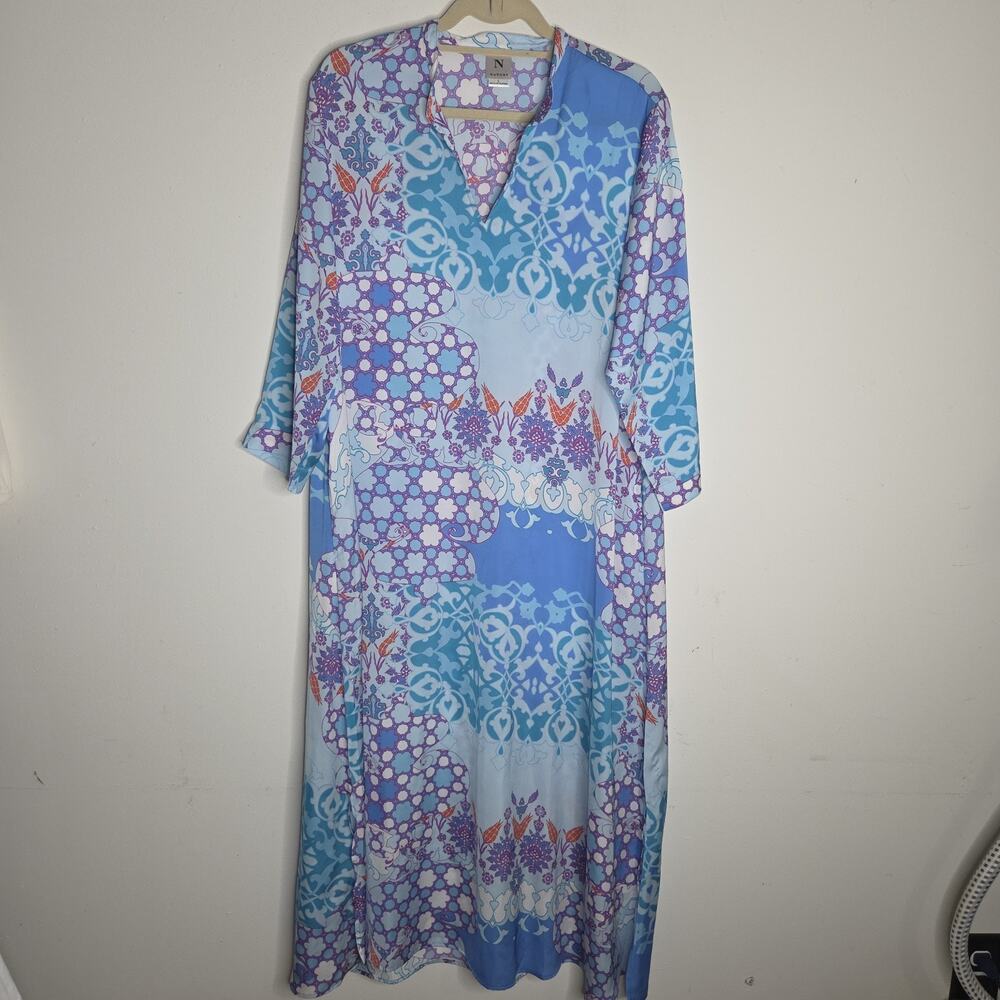 Natori Women's L Blue Floral Kaftan Dress Maxi Lounge Pockets
